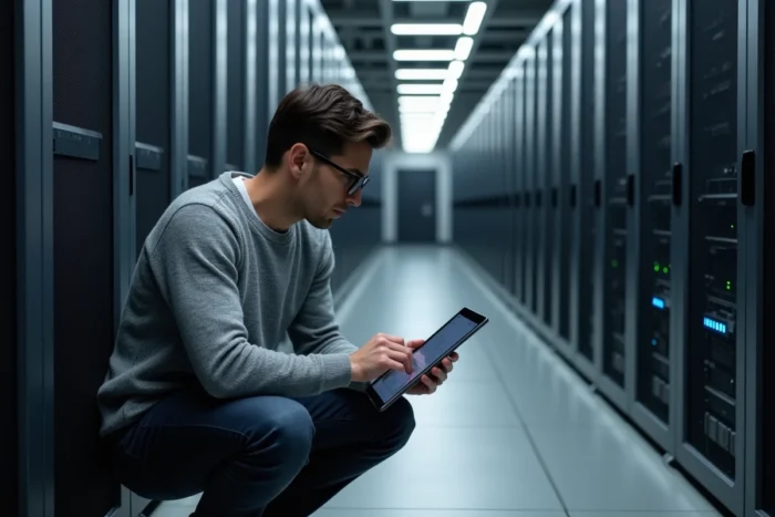 Consultant informatique configurant Microsoft Dynamics NAV sur tablette dans un centre de données d'entreprise