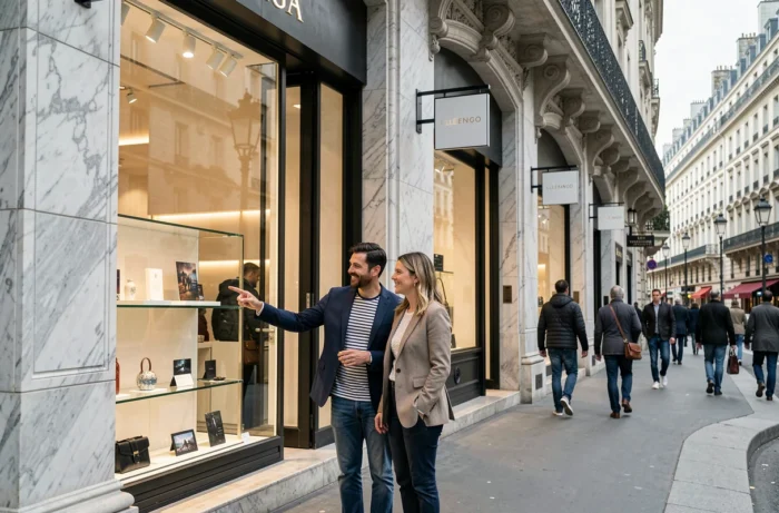Couple faisant du shopping devant une boutique haut de gamme sur l'Avenue des Champs-Élysées à Paris