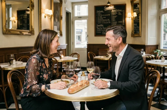 Couple en train de dîner dans une brasserie française typique, atmosphère intime et détendue