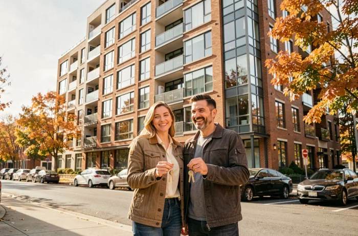 Couple tenant les clés de leur nouvel appartement devant un immeuble résidentiel moderne, illustrant un investissement immobilier réussi