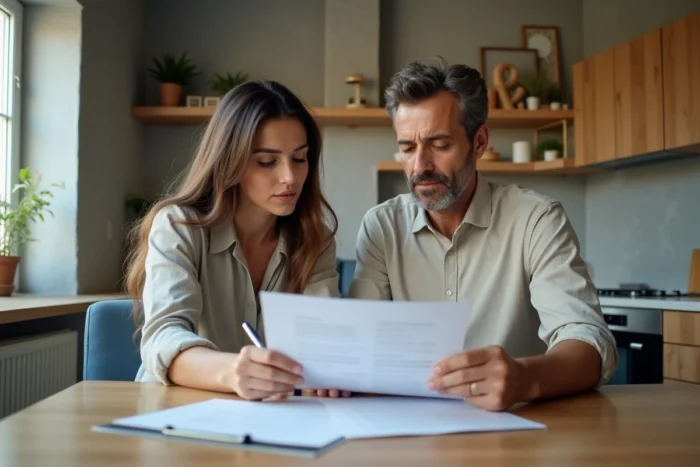 Couple examinant un contrat de location immobilière dans une cuisine moderne d'appartement contemporain