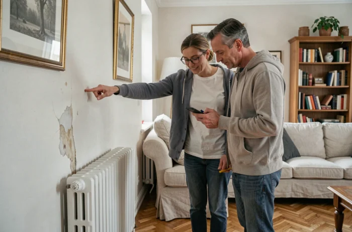 Couple constatant des dégâts des eaux dans leur maison et documentant le sinistre pour leur assurance habitation