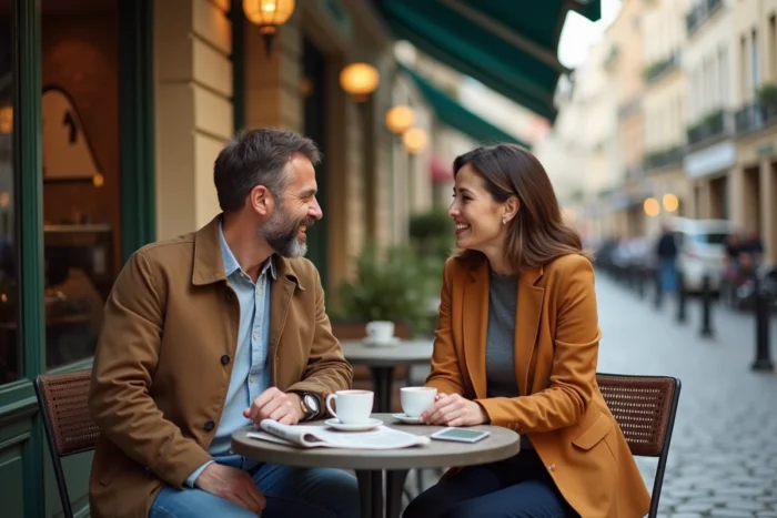 Couple discret partageant un moment complice en terrasse de café parisien, symbole de vie privée préservée d'une personnalité publique