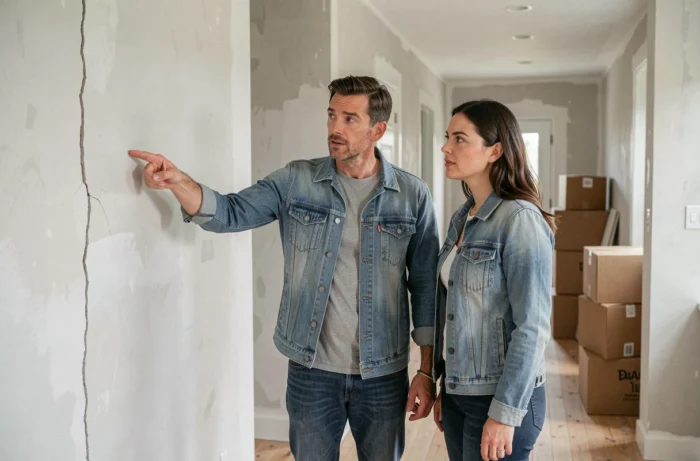 Couple discutant des garanties d'assurance pour leur maison en rénovation dans un couloir avec des cartons