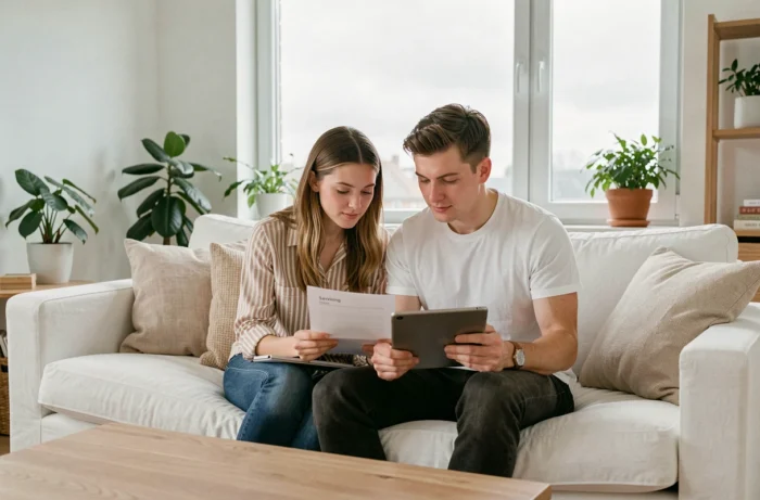 Couple planifiant ensemble leurs finances personnelles sur une tablette dans un salon de style scandinave