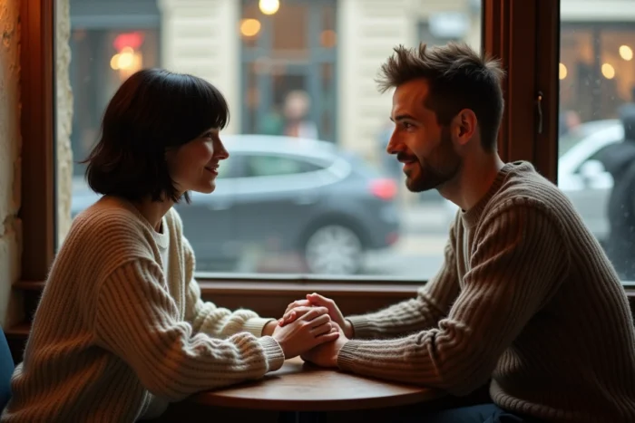 Couple tendrement enlacé les mains dans un café parisien vintage, atmosphère intime et chaleureuse