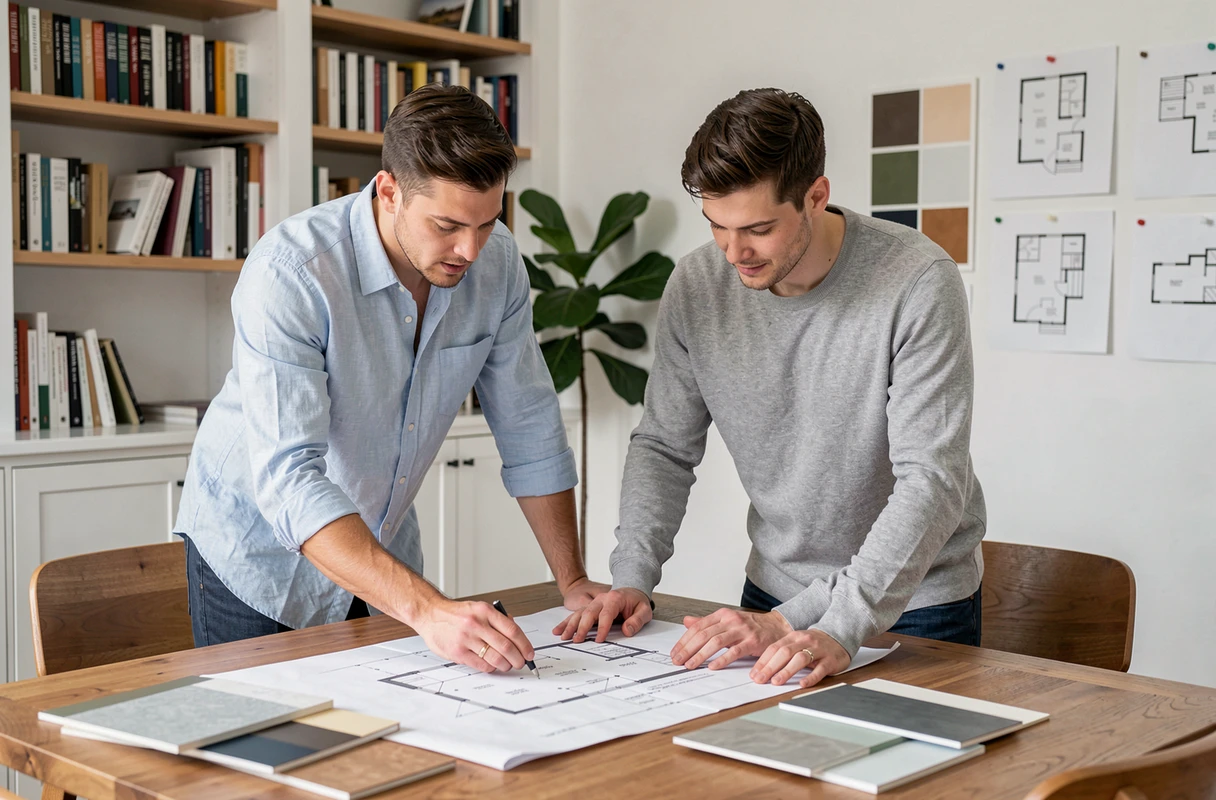 Couple planifiant la conception de leur maison moderne en consultant des plans architecturaux à domicile