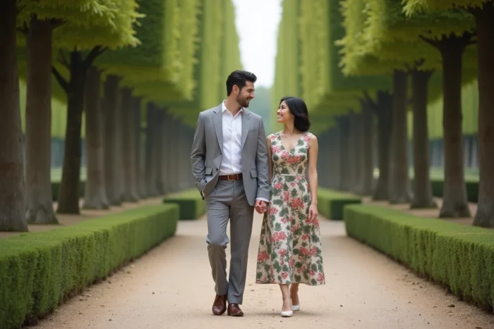 Couple élégant se promenant dans un jardin à la française sous les arbres, femme en robe fleurie et homme en costume gris