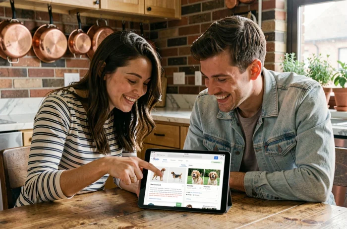 Couple joyeux découvrant ensemble les résultats d'un quiz en ligne pour trouver le chien idéal selon leur style de vie, attablés dans une cuisine moderne