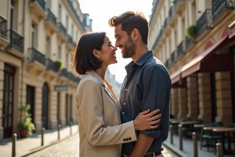 Couple romantique complice souriant dans une rue pavée parisienne, femme aux cheveux courts et homme en chemise bleue