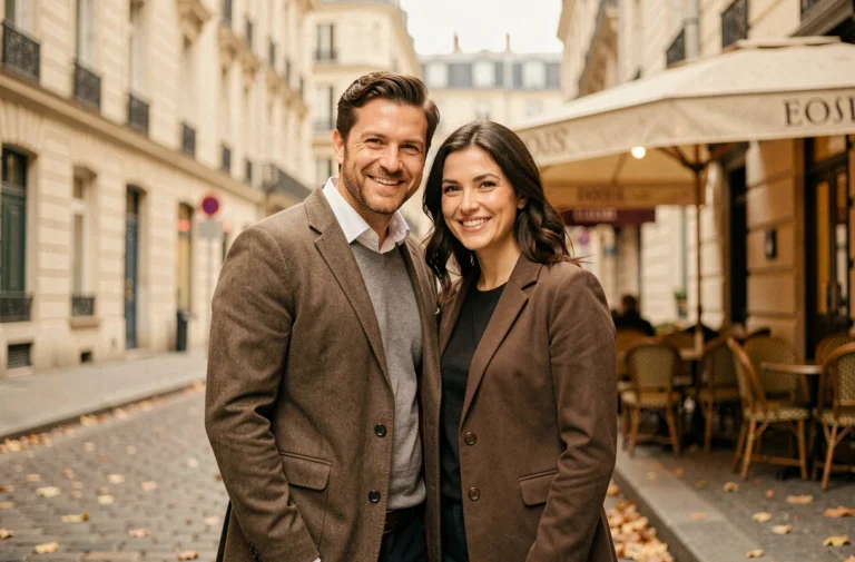 Couple souriant dans une rue parisienne en automne, ambiance chaleureuse et complice
