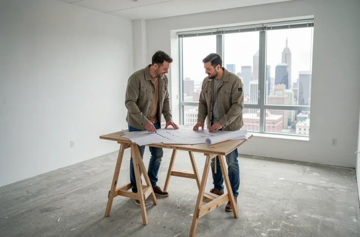 Couple visitant un appartement vide en cours d'acquisition, examinant des plans architecturaux devant de grandes fenêtres avec vue sur la ville