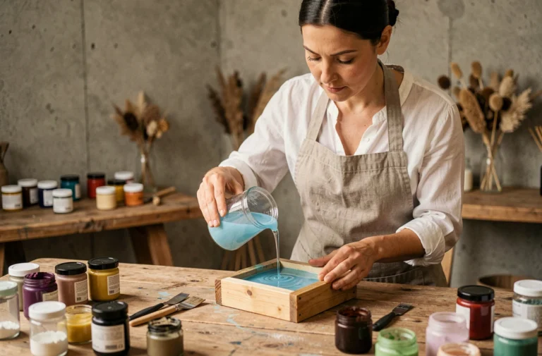 Artisane versant de la résine colorée dans un moule en bois dans un atelier de création artisanale