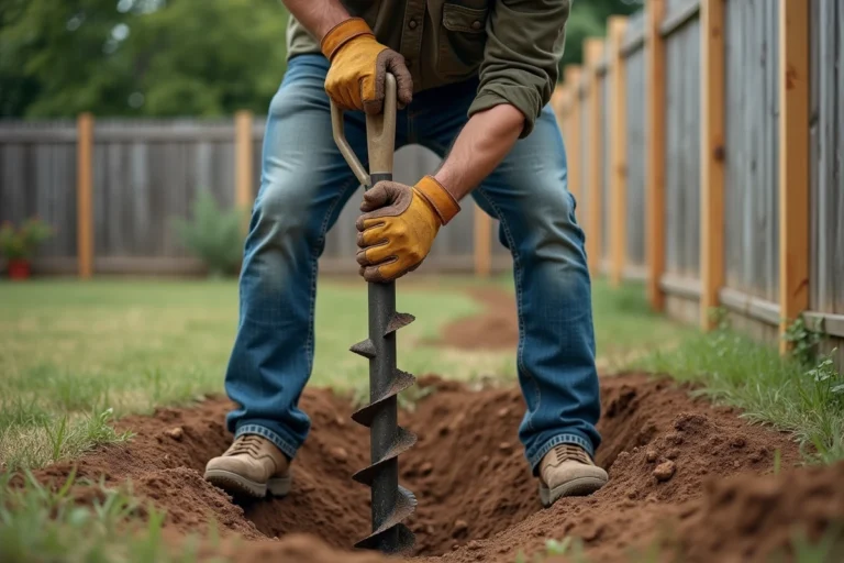 Homme creusant un trou pour poteau de clôture avec une tarière manuelle dans un jardin