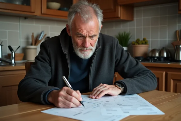 Homme consultant un calendrier des dates de chèques différés Leclerc à la maison