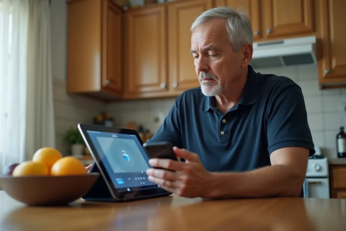 Homme tentant de résoudre un problème de streaming vidéo sur tablette avec smartphone dans une cuisine