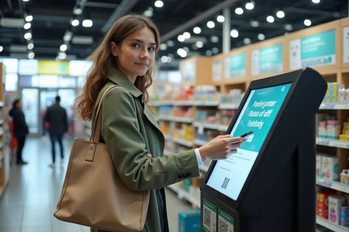 Femme déposant un colis Vinted dans un point relais pour bénéficier de la livraison gratuite via un kiosque libre-service
