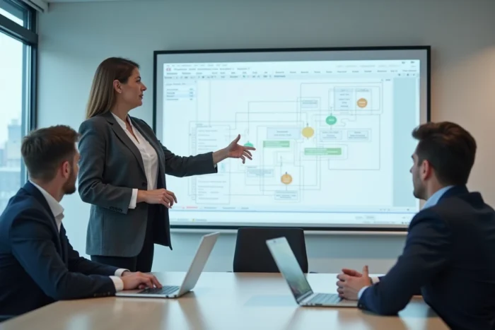 Directrice des opérations présentant les modules ERP Dynamics NAV lors d'une réunion d'entreprise en salle de conférence
