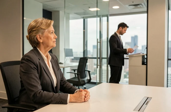 Directrice en tailleur gris observant un jeune employé depuis une salle de réunion vitrée dans un immeuble de bureaux contemporain