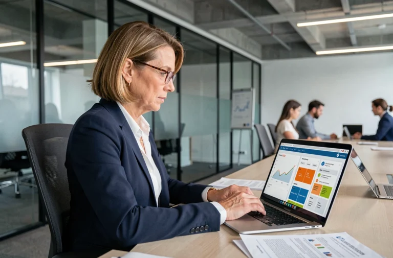 Dirigeante d'entreprise analysant un tableau de bord GRC sur son ordinateur portable dans un bureau moderne