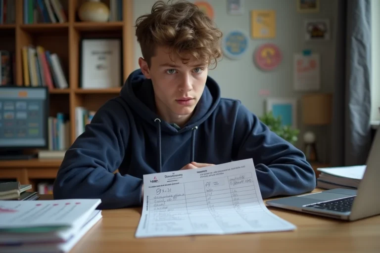 Élève de lycée consultant son bulletin scolaire avec une moyenne de 9 sur 20, assis à son bureau entouré de cahiers, réfléchissant à son passage en 1ère STMG