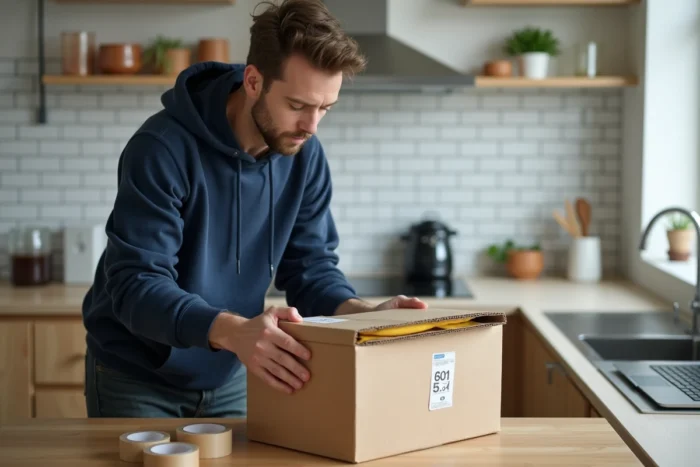 Homme emballant un vêtement dans un colis pour une vente Vinted avec étiquette d'expédition sur le comptoir de cuisine