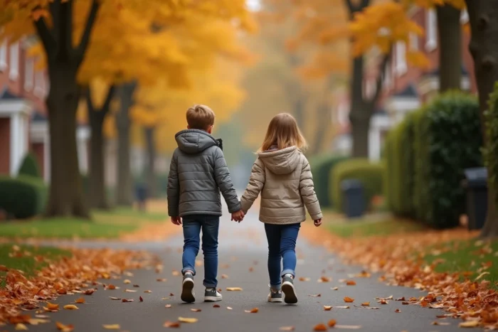 Deux enfants marchant de dos sur un chemin arboré en automne, évoquant la protection de l'identité et de la vie privée des mineurs