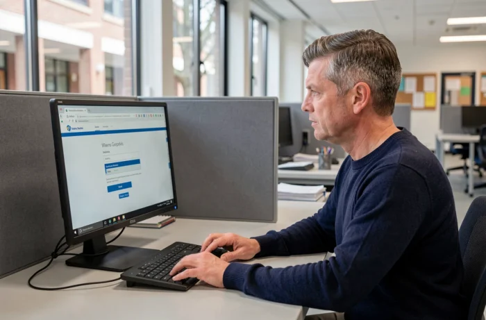 Enseignant consultant la messagerie Webmel de l'académie de Créteil sur un ordinateur de bureau en salle administrative
