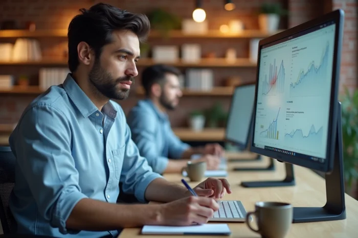 Entrepreneur analysant des données de croissance sur un écran dans un espace de coworking moderne