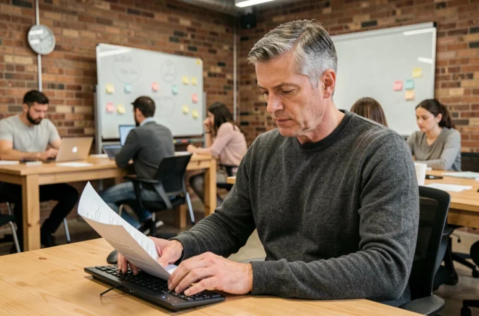 Entrepreneur masculin planifiant une stratégie de business en ligne dans un espace de coworking moderne