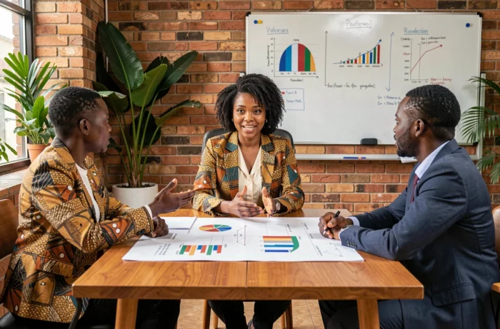 Femme entrepreneure ivoirienne présentant un business plan à des collègues dans un espace de coworking moderne, stratégies de réussite en Côte d'Ivoire