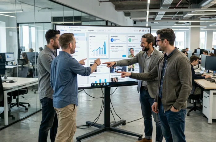 Équipe de professionnels analysant les tendances et nouveautés du web sur un écran dans un bureau collaboratif moderne