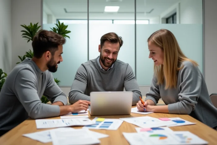 Équipe de professionnels en réunion de planification stratégique autour d'une table de conférence
