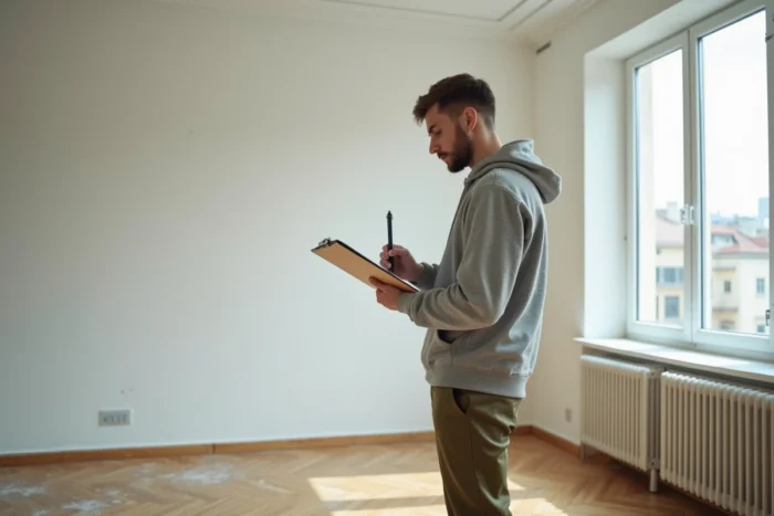 Jeune locataire effectuant l'état des lieux d'entrée dans un appartement vide