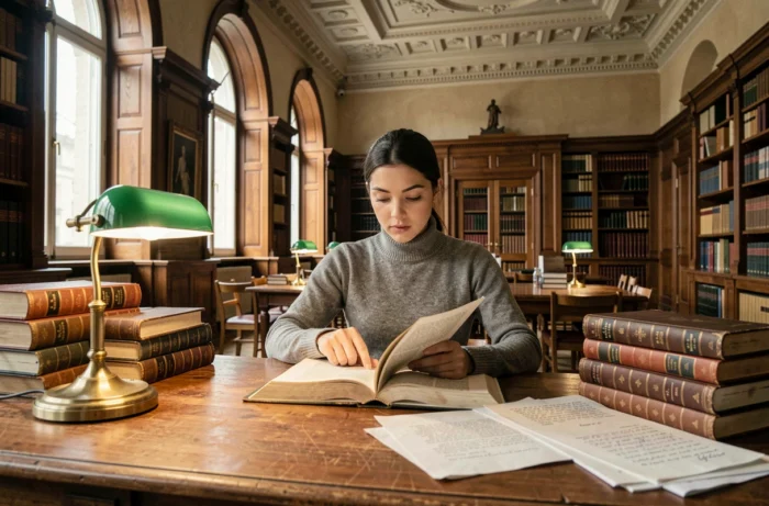 Étudiante en droit consultant des ouvrages juridiques dans une bibliothèque de palais de justice français