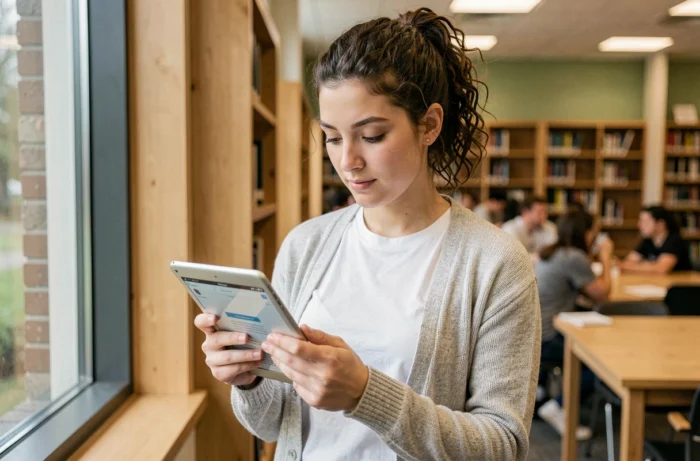 Étudiante consultant sa messagerie Webmel académique sur une tablette dans une bibliothèque universitaire