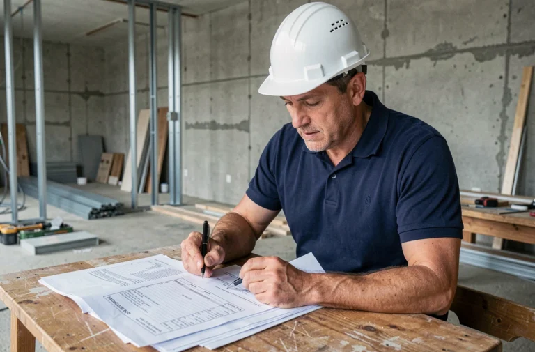 Entrepreneur en bâtiment évaluant un devis travaux sur un chantier de rénovation en 2026
