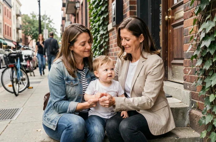 Couple de femmes avec leur enfant en bas âge sur les marches d'un immeuble urbain, représentant la diversité des structures familiales modernes en milieu citadin