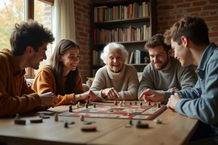 Famille multigénérationnelle jouant à un jeu de société autour d'une grande table en bois dans un salon chaleureux en automne