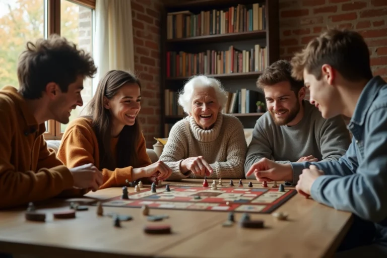 Famille multigénérationnelle jouant à un jeu de société autour d'une grande table en bois dans un salon chaleureux en automne