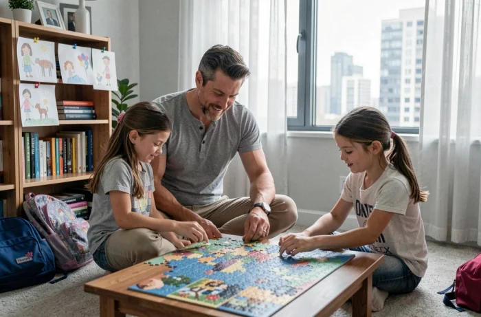 Père célibataire jouant avec ses deux filles autour d'un puzzle dans un appartement familial authentique, illustrant les nouvelles configurations de la famille monoparentale contemporaine