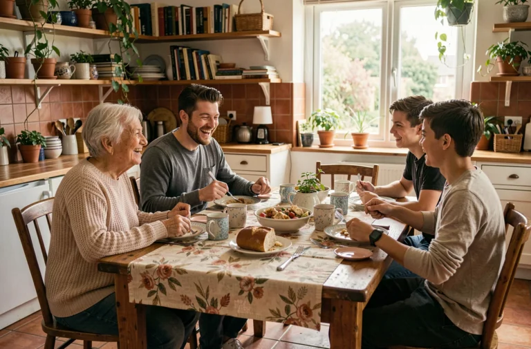 Famille multigénérationnelle réunie autour d'un repas dominical dans une cuisine chaleureuse et authentique, illustrant la diversité des liens familiaux contemporains
