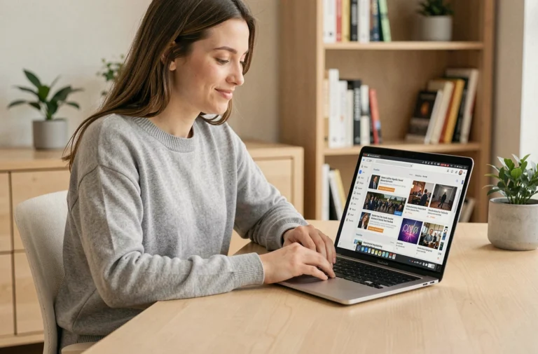 Jeune femme consultant les tendances du web et les actualités numériques sur son ordinateur portable dans un bureau moderne