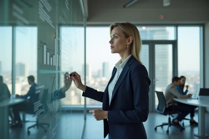 Femme d'affaires présentant une stratégie de croissance sur un tableau blanc dans un bureau moderne