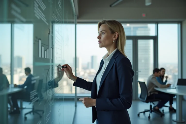 Femme d'affaires présentant une stratégie de croissance sur un tableau blanc dans un bureau moderne