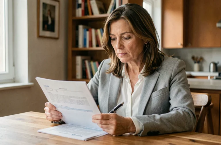 Femme consultant un contrat d'assurance habitation à la table de sa cuisine dans un appartement moderne