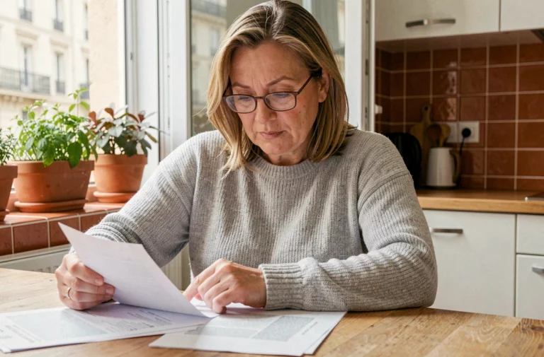 Femme consultant son contrat d'assurance habitation Macif à la table de cuisine de son appartement