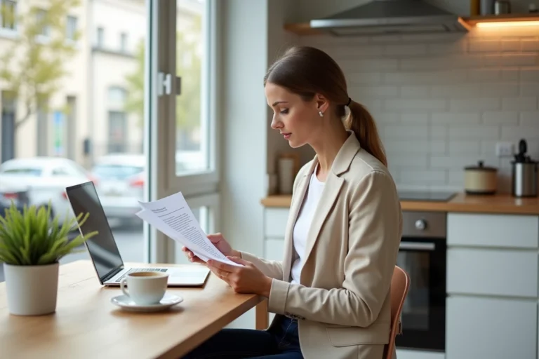 Femme consultant un contrat de location immobilière dans un appartement moderne