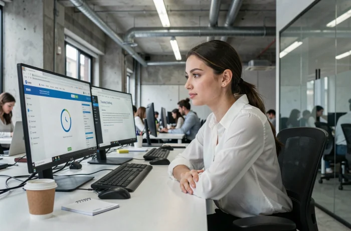 Jeune femme en espace de coworking attendant que son service de messagerie redevienne accessible, avec pages de diagnostic visibles sur ses écrans