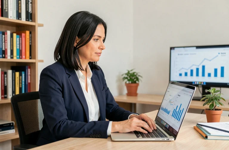 Femme entrepreneur travaillant sur son business en ligne depuis un bureau à domicile moderne avec tableaux de bord analytiques